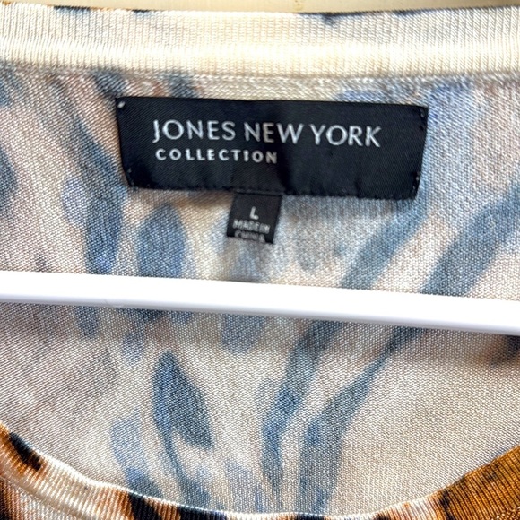 Jones New York Brown Blue and Black Animal Print Graphic Blouse size L - Picture 3 of 8